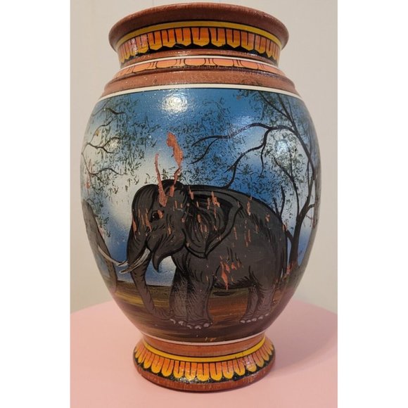 Marked Elephant Painted Wood Vase 11.5 Inch Multiple Elephants Red Yellow - Picture 2 of 16